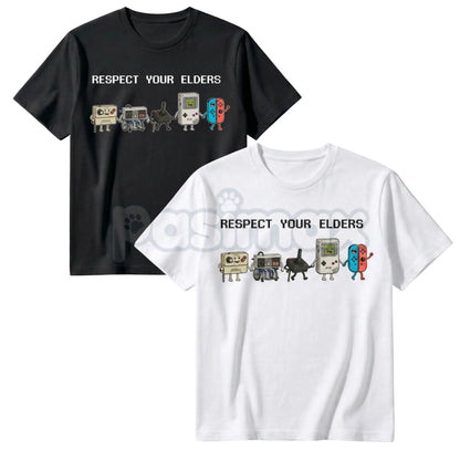 Funny "Respect Your Elders" Retro Gamer T-Shirt - Vintage Controller History Tee, Old School Gamer Gift, Classic 8-Bit & 16-Bit Nostalgia Shirt-Pasimax