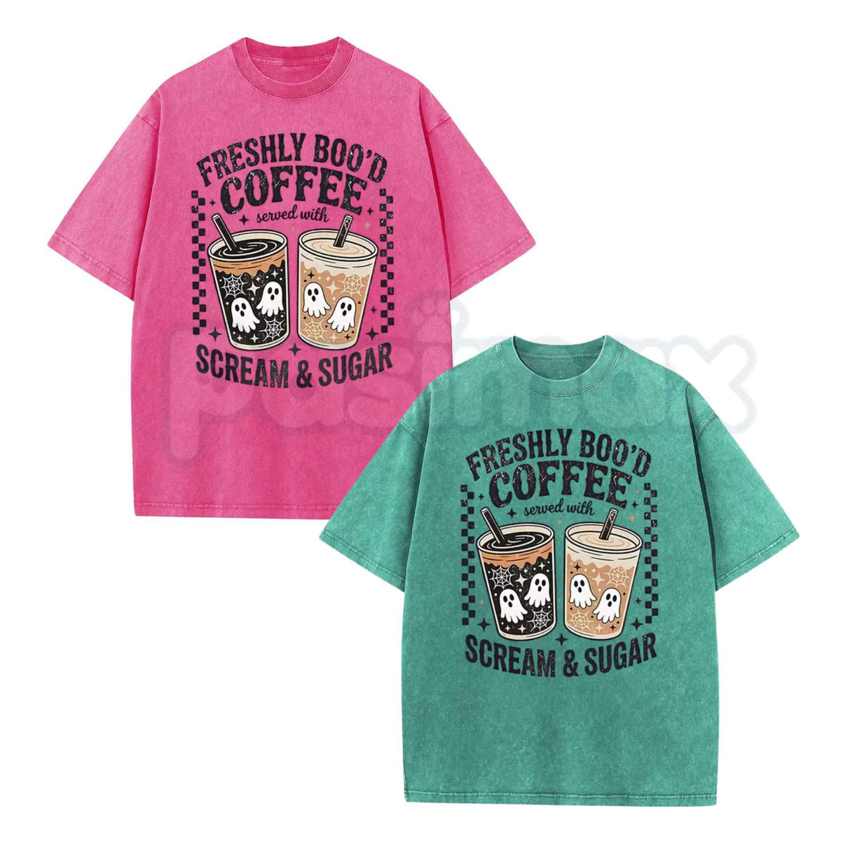 Funny Scream And Sugar Ghost Coffee Artwork Washed Shirt – Retro Horror Movie Parody Graphic Tee, Vintage Acid Wash Lightweight Cotton Unisex Top-Pasimax