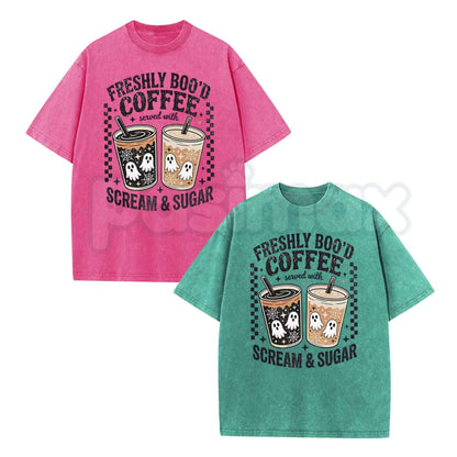Funny Scream And Sugar Ghost Coffee Artwork Washed Shirt – Retro Horror Movie Parody Graphic Tee, Vintage Acid Wash Lightweight Cotton Unisex Top-Pasimax