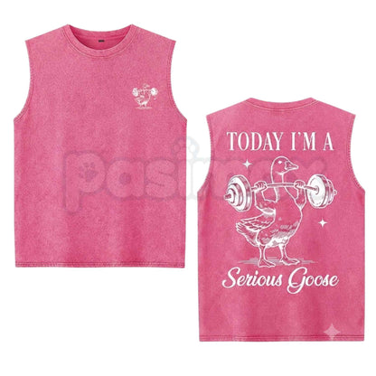 Funny Serious Goose Gym Washed Tank Top – Retro Bodybuilding Muscle Tee, Vintage Acid Washed Lightweight Cotton Unisex Fitness Sleeveless Shirt-Pasimax