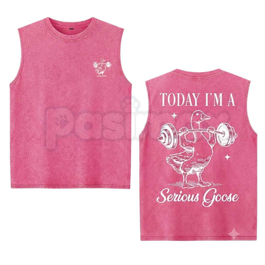 Funny Serious Goose Gym Washed Tank Top – Retro Bodybuilding Muscle Tee, Vintage Acid Washed Lightweight Cotton Unisex Fitness Sleeveless Shirt-Pasimax