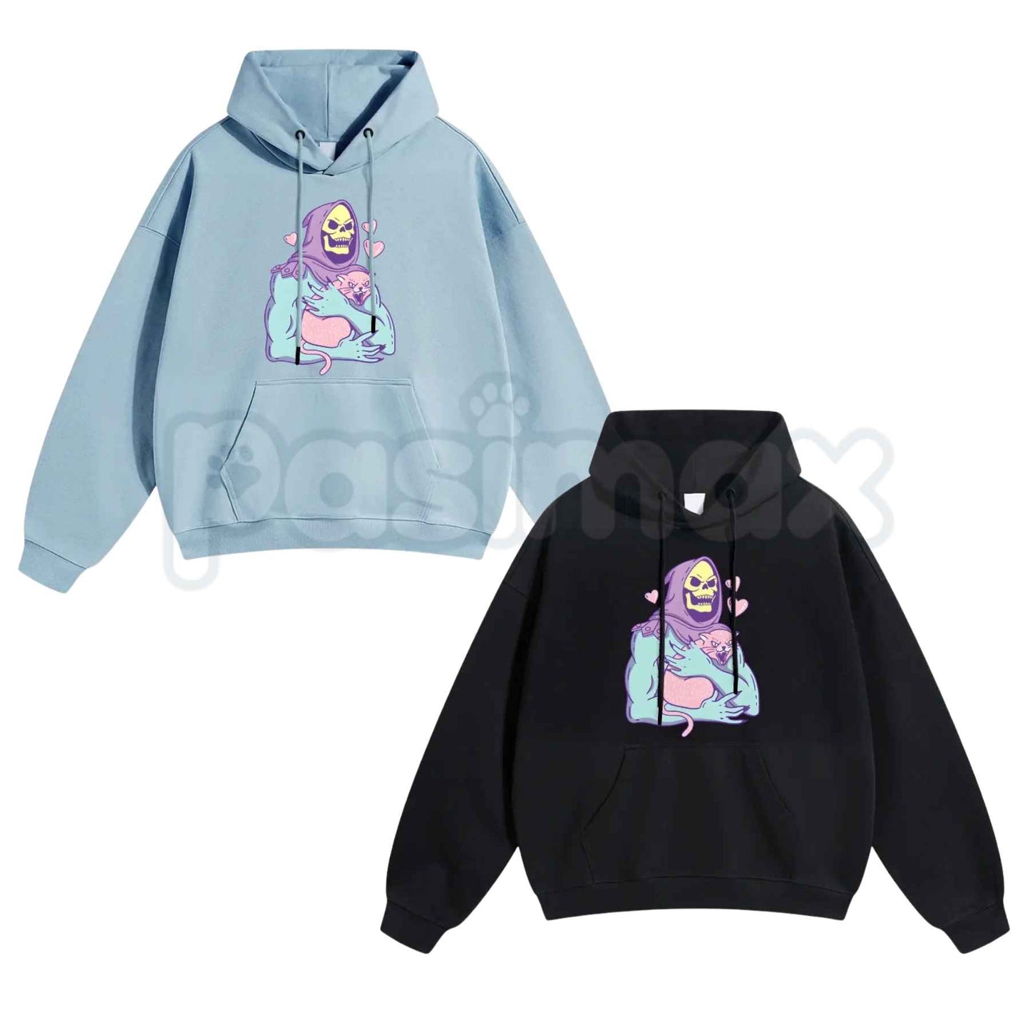 Funny Skull Cat Hoodie – Unisex Summer Night Streetwear, Vintage 80s 90s Gothic Graphic Pullover, Edgy Alt Fashion Sweatshirt-Pasimax