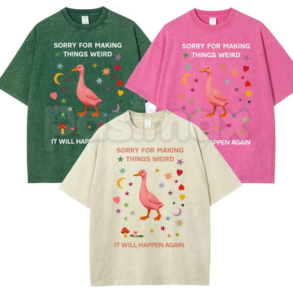Funny "Sorry For Making Things Weird" Duck Meme T-Shirt – Retro Socially Awkward Humor Graphic Tee, Vintage Acid Washed Lightweight Cotton Unisex Top-Pasimax