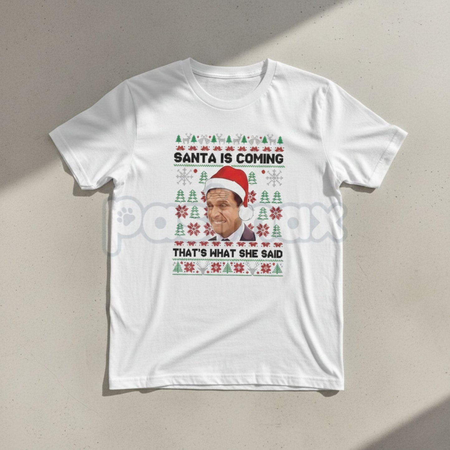 Funny The Office Christmas Shirt - Santa Is Coming That’s What She Said Michael Scott Meme Tee, Irreverent Holiday Gift, The Office Fan Merch-Pasimax