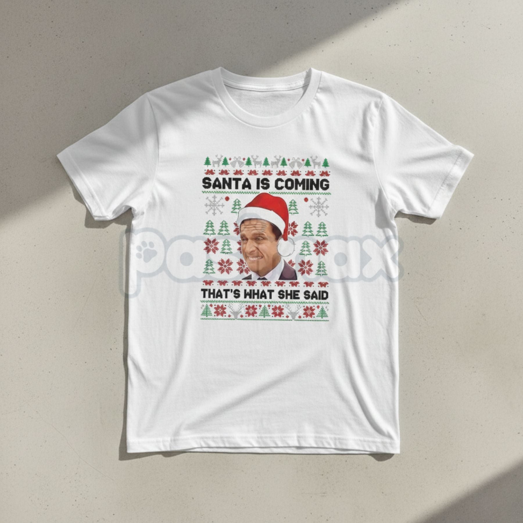 Funny The Office Christmas Shirt - Santa Is Coming That’s What She Said Michael Scott Meme Tee, Irreverent Holiday Gift, The Office Fan Merch-Pasimax