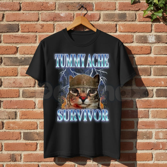 Funny "Tummy Ache Survivor" Cat Meme T-Shirt – Sarcastic Graphic Humor Tee, Premium 100% Cotton Relatable Animal Top, Soft Lived-In Heavyweight Dramatic Cat Shirt, Made in USA-Pasimax