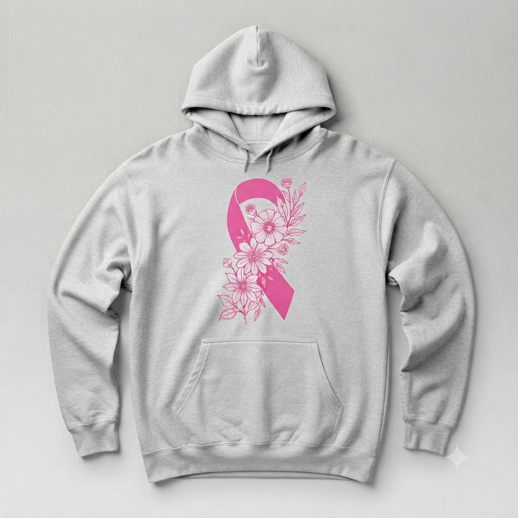 Breast Cancer Ribbon with Flowers Pullover Hoodie – Floral Breast Cancer Awareness Graphic Sweatshirt, Floral Pink Ribbon Support Pullover, Unisex Heavy Blend