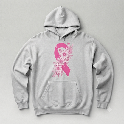 Breast Cancer Ribbon with Flowers Pullover Hoodie – Floral Breast Cancer Awareness Graphic Sweatshirt, Floral Pink Ribbon Support Pullover, Unisex Heavy Blend