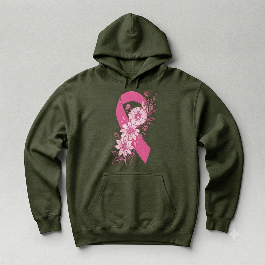 Breast Cancer Ribbon with Flowers Pullover Hoodie – Floral Breast Cancer Awareness Graphic Sweatshirt, Floral Pink Ribbon Support Pullover, Unisex Heavy Blend