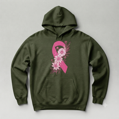 Breast Cancer Ribbon with Flowers Pullover Hoodie – Floral Breast Cancer Awareness Graphic Sweatshirt, Floral Pink Ribbon Support Pullover, Unisex Heavy Blend