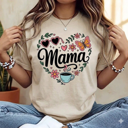 Heart Flower Butterfly & Coffee "Mama" T-Shirt – Whimsical Botanical Graphic Tee, Remastered Heavy Cotton Soft Life Top, Soft Lived-In Heavyweight Motherhood Shirt, Made in USA