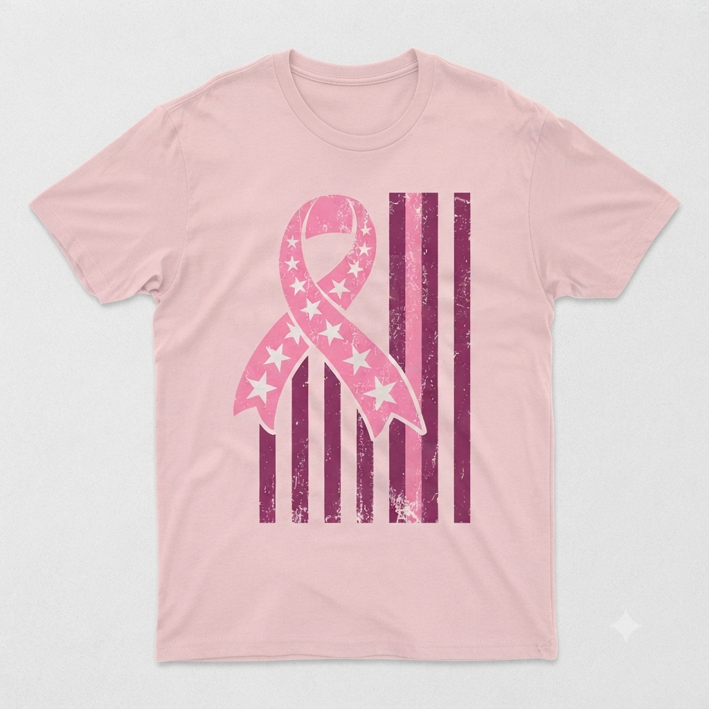 Breast Cancer Flag T-Shirt – Pink Ribbon American Flag Unisex Graphic Tee