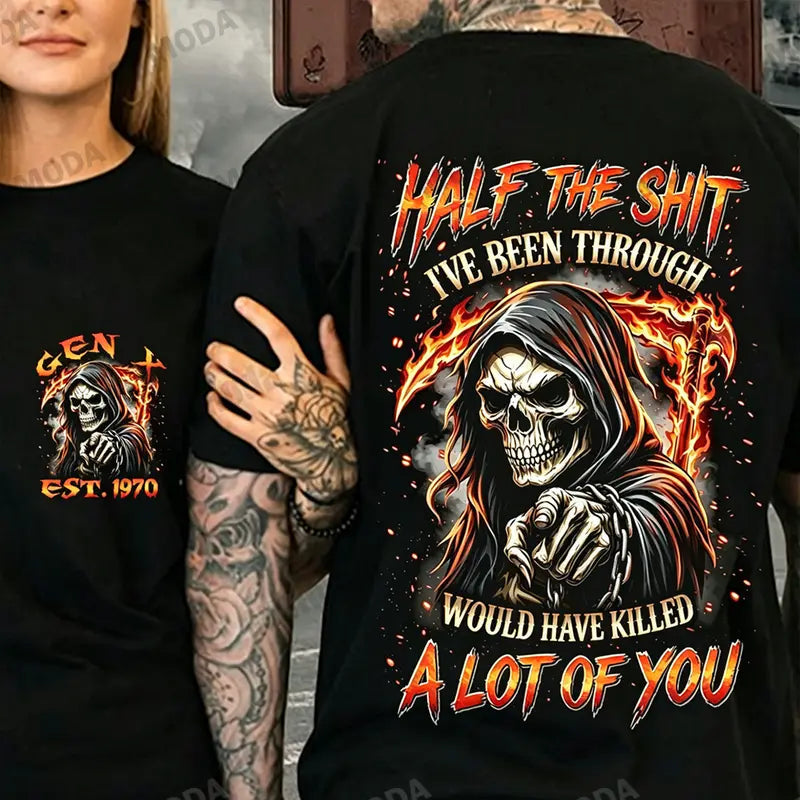 Generation X "Half The Shit..." T-Shirt – Custom Year Skull Retro Funny Gen X Unisex Graphic Tee-Pasimax