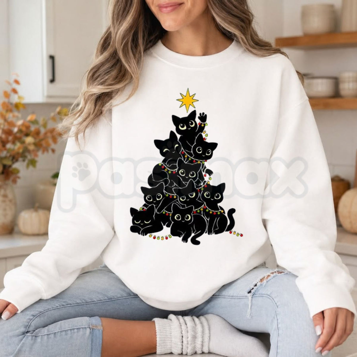 Geometric Black Cat Christmas Tree Sweatshirt | Modern Feline Holiday Pattern Crewneck-Pasimax