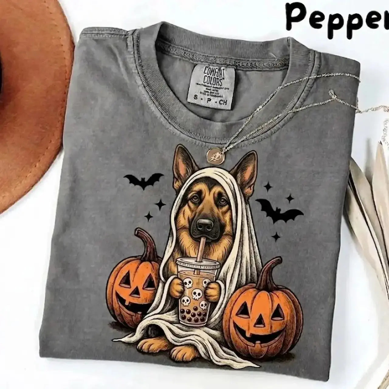 Comfort Colors® Pepper Dog Ghost & Boba Tea Halloween T-Shirt – Custom Dog Breeds Spooky Season Graphic Tee, Vintage Pet Lover Unisex Top