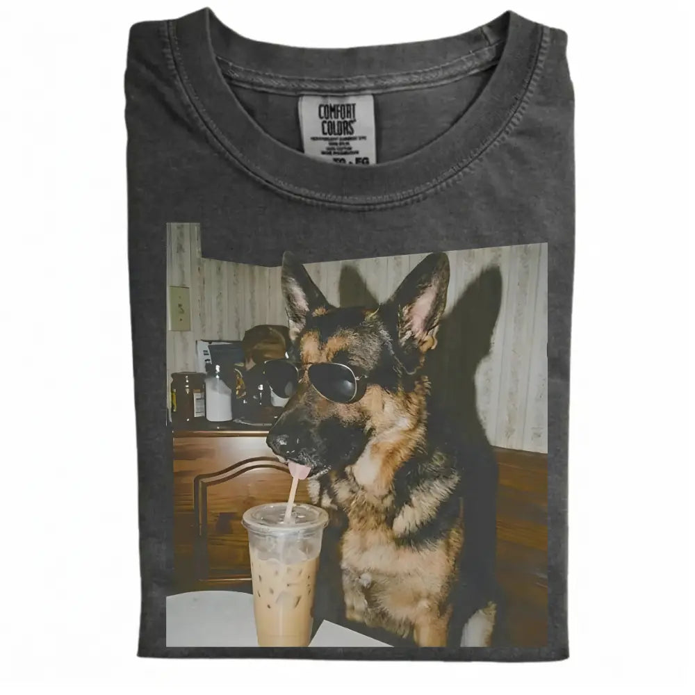 Comfort Colors® Custom Dog Breeds Drinking Iced Coffee T-Shirt – Vintage 90s Funny Edgy Dog Meme Tee, Aesthetic Coffee Lover Dog Mom Gift Shirt