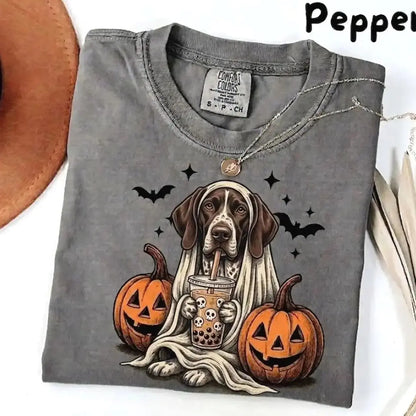 Comfort Colors® Pepper Dog Ghost & Boba Tea Halloween T-Shirt – Custom Dog Breeds Spooky Season Graphic Tee, Vintage Pet Lover Unisex Top