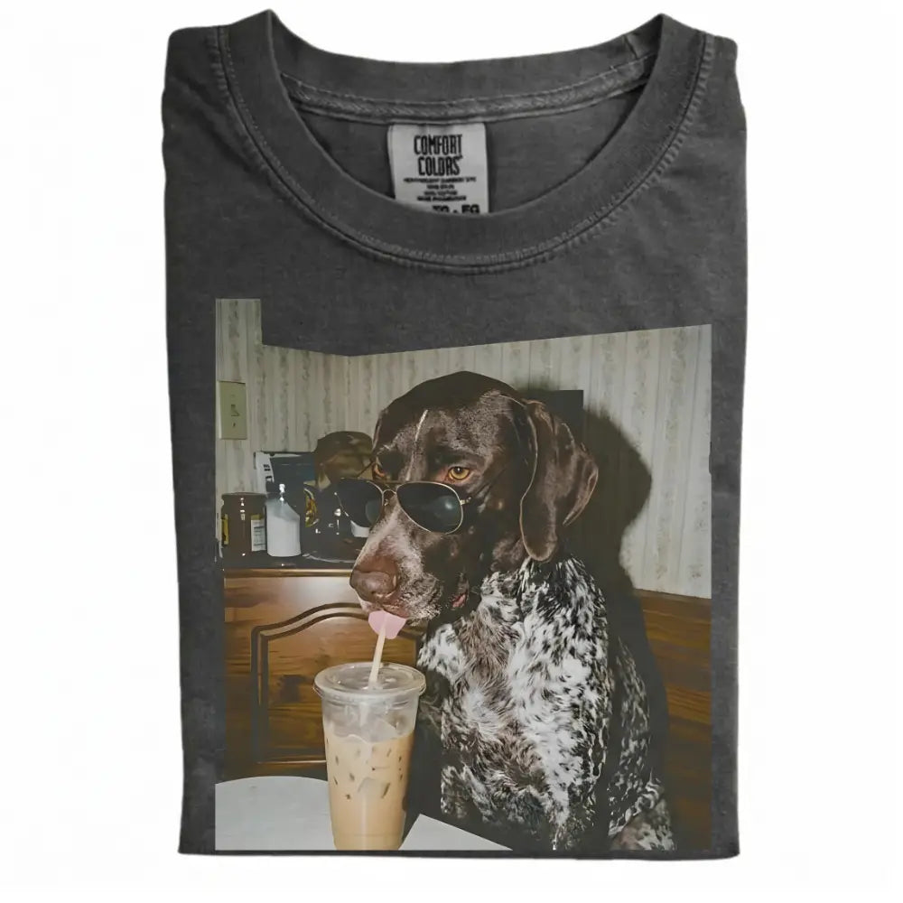 Comfort Colors® Custom Dog Breeds Drinking Iced Coffee T-Shirt – Vintage 90s Funny Edgy Dog Meme Tee, Aesthetic Coffee Lover Dog Mom Gift Shirt