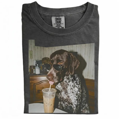 Comfort Colors® Custom Dog Breeds Drinking Iced Coffee T-Shirt – Vintage 90s Funny Edgy Dog Meme Tee, Aesthetic Coffee Lover Dog Mom Gift Shirt