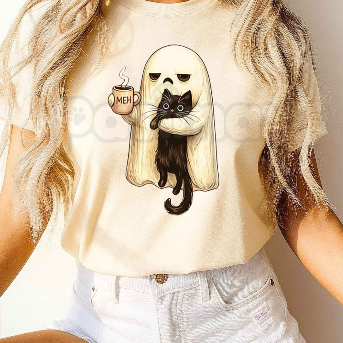 Ghost Cat Spooky Black Cat Halloween T-Shirt – Funny Coffee Lover Spooky Season Unisex Tee-Pasimax
