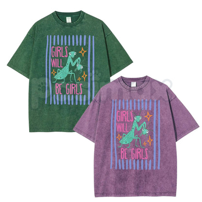 Girls Will Be Girls Mantis T-Shirt – Funny Retro Cartoon Graphic Tee, Vintage Washed Praying Mantis Lightweight Cotton Indie Aesthetic Top-Pasimax