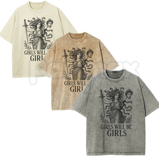 Girls Will Be Girls Medusa T-Shirt – Oversize Unisex Washed Graphic Tee, Lightweight Retro Greek Mythology Streetwear-Pasimax