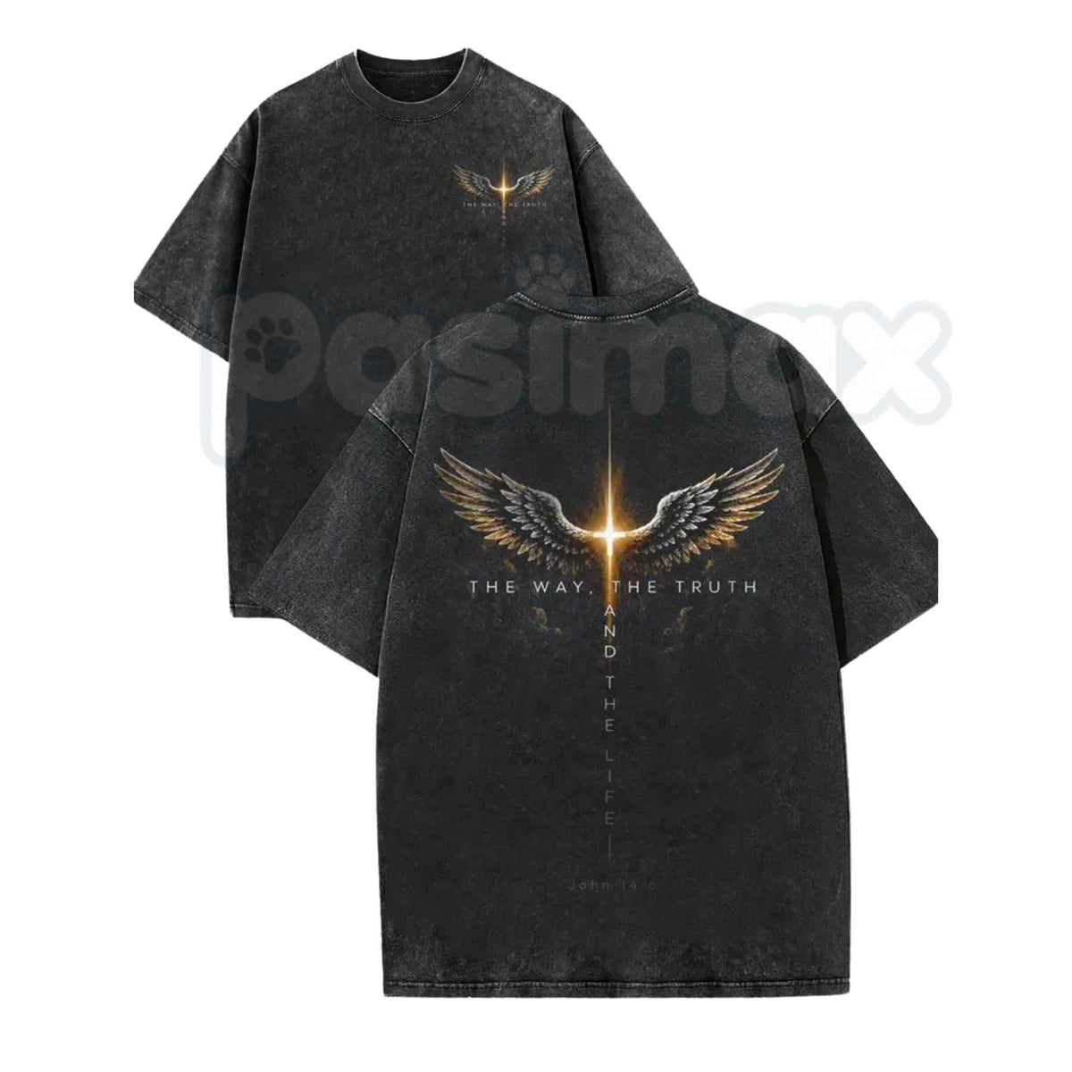 Glowing Cross Angel Wings Faith Streetwear T-Shirt – John’s Gospel Bible Verse Graphic Tee, Vintage Acid Wash Lightweight Cotton Unisex Christian Shirt-Pasimax