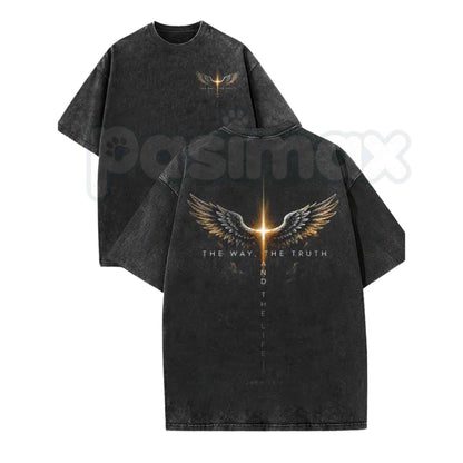 Glowing Cross Angel Wings Faith Streetwear T-Shirt – John’s Gospel Bible Verse Graphic Tee, Vintage Acid Wash Lightweight Cotton Unisex Christian Shirt-Pasimax