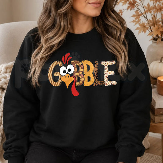 Gobble Thanksgiving Sweatshirt | Retro Turkey Holiday Graphic Crewneck-Pasimax
