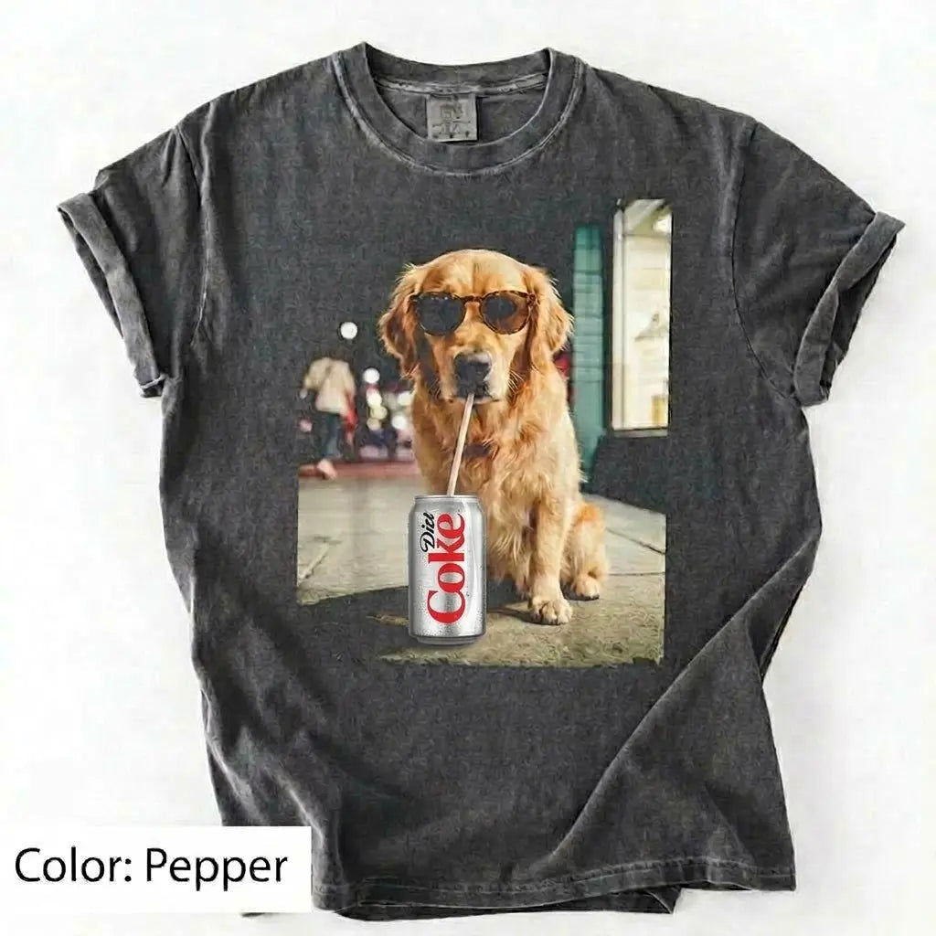 Comfort Colors® Dog Breeds Drinking Diet Coke T-Shirt – Funny Dog Dad Soda Lover Graphic Tee, Aesthetic Retro Puppy Animal Meme Shirt, Cute Pet Gift