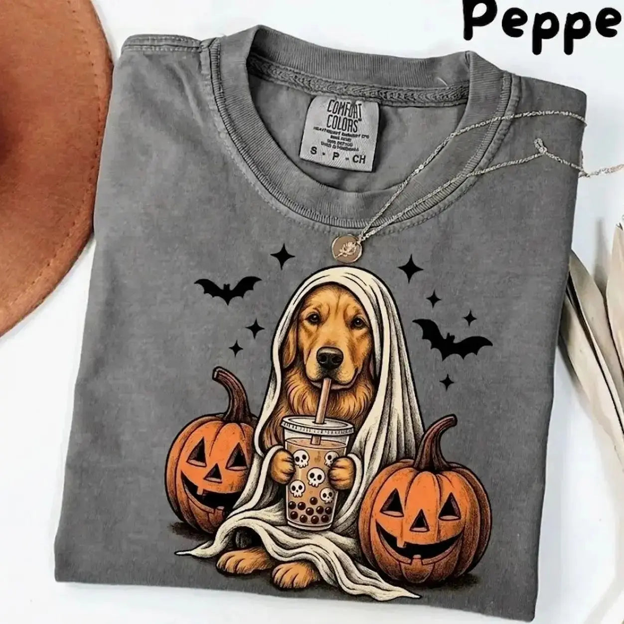 Comfort Colors® Pepper Dog Ghost & Boba Tea Halloween T-Shirt – Custom Dog Breeds Spooky Season Graphic Tee, Vintage Pet Lover Unisex Top