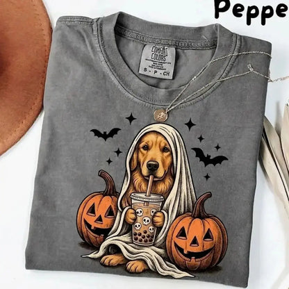 Comfort Colors® Pepper Dog Ghost & Boba Tea Halloween T-Shirt – Custom Dog Breeds Spooky Season Graphic Tee, Vintage Pet Lover Unisex Top