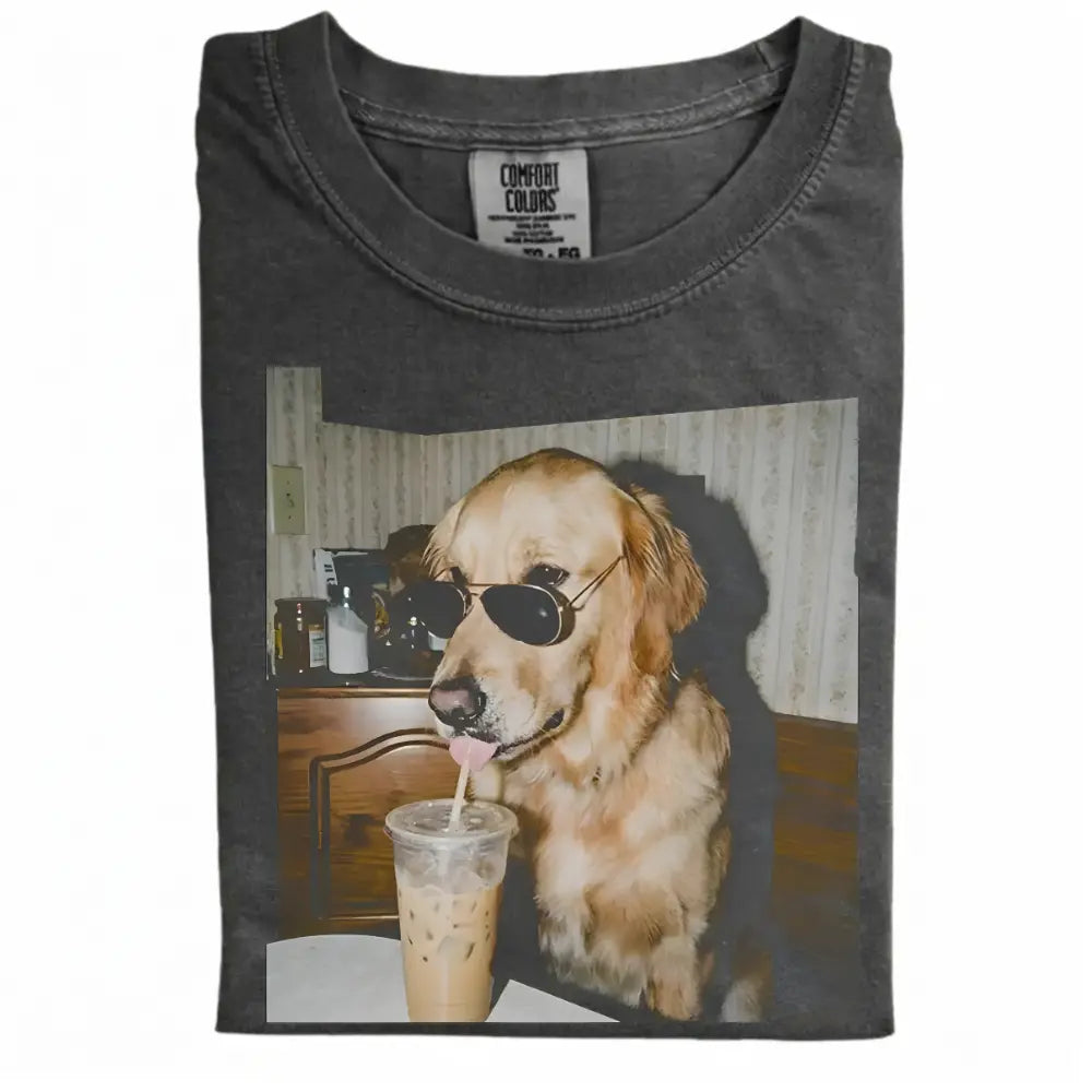 Comfort Colors® Custom Dog Breeds Drinking Iced Coffee T-Shirt – Vintage 90s Funny Edgy Dog Meme Tee, Aesthetic Coffee Lover Dog Mom Gift Shirt