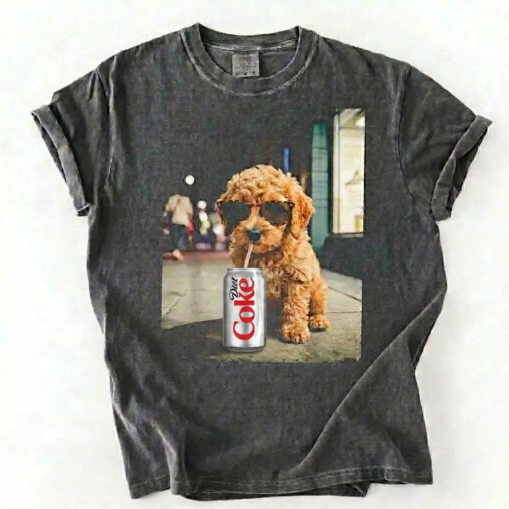 Comfort Colors® Dog Breeds Drinking Diet Coke T-Shirt – Funny Dog Dad Soda Lover Graphic Tee, Aesthetic Retro Puppy Animal Meme Shirt, Cute Pet Gift