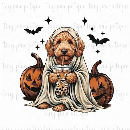 Comfort Colors® Custom Ghost & Boba Tea Halloween Dog T-Shirt – Spooky Season Bubble Tea Graphic Tee, Cute Ghost Dog Unisex Top & Gift