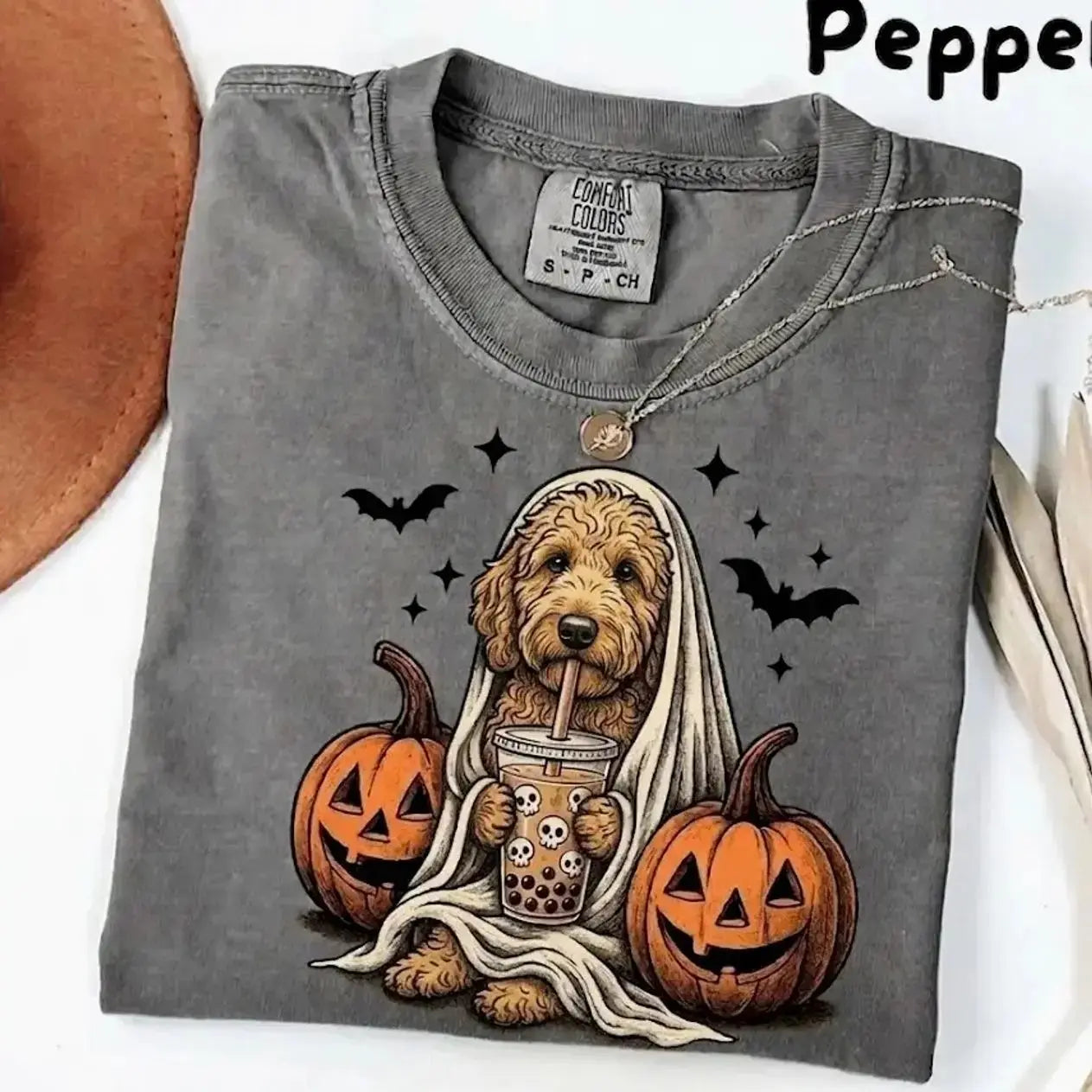 Comfort Colors® Pepper Dog Ghost & Boba Tea Halloween T-Shirt – Custom Dog Breeds Spooky Season Graphic Tee, Vintage Pet Lover Unisex Top