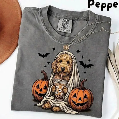 Comfort Colors® Pepper Dog Ghost & Boba Tea Halloween T-Shirt – Custom Dog Breeds Spooky Season Graphic Tee, Vintage Pet Lover Unisex Top