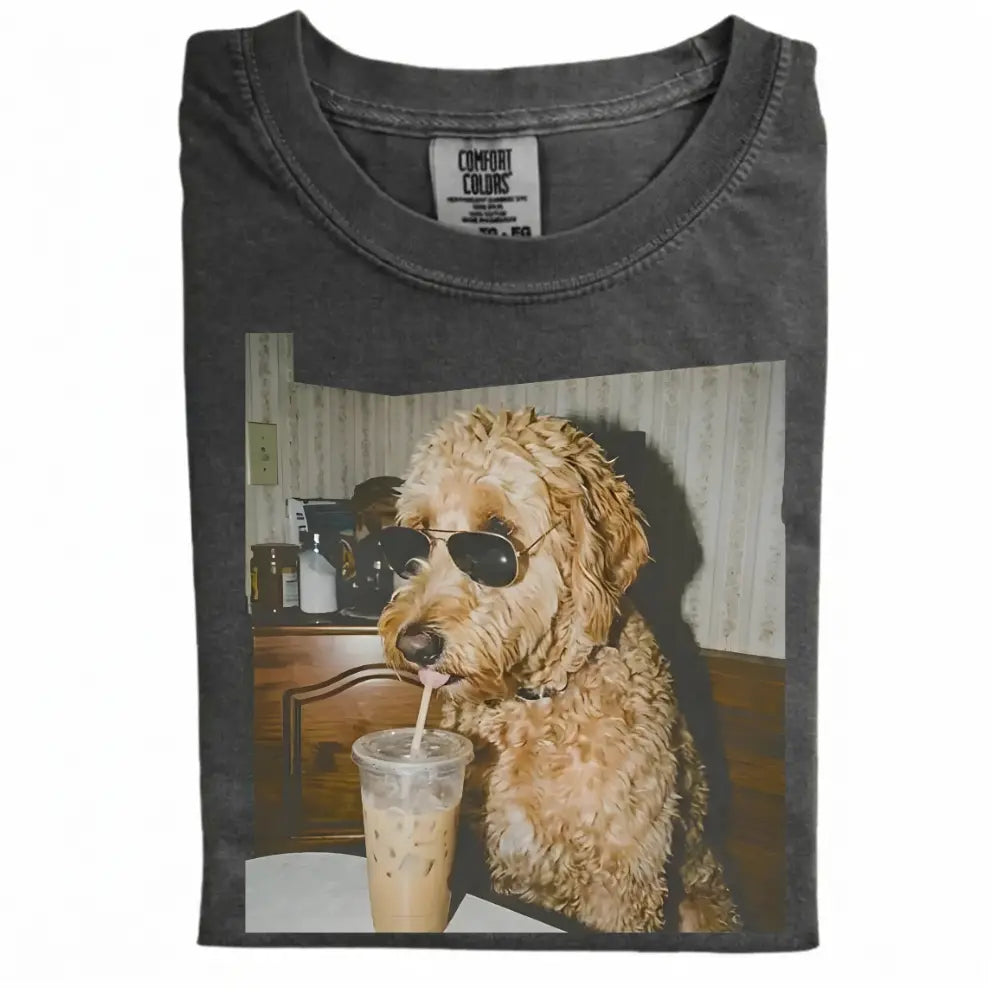 Comfort Colors® Custom Dog Breeds Drinking Iced Coffee T-Shirt – Vintage 90s Funny Edgy Dog Meme Tee, Aesthetic Coffee Lover Dog Mom Gift Shirt