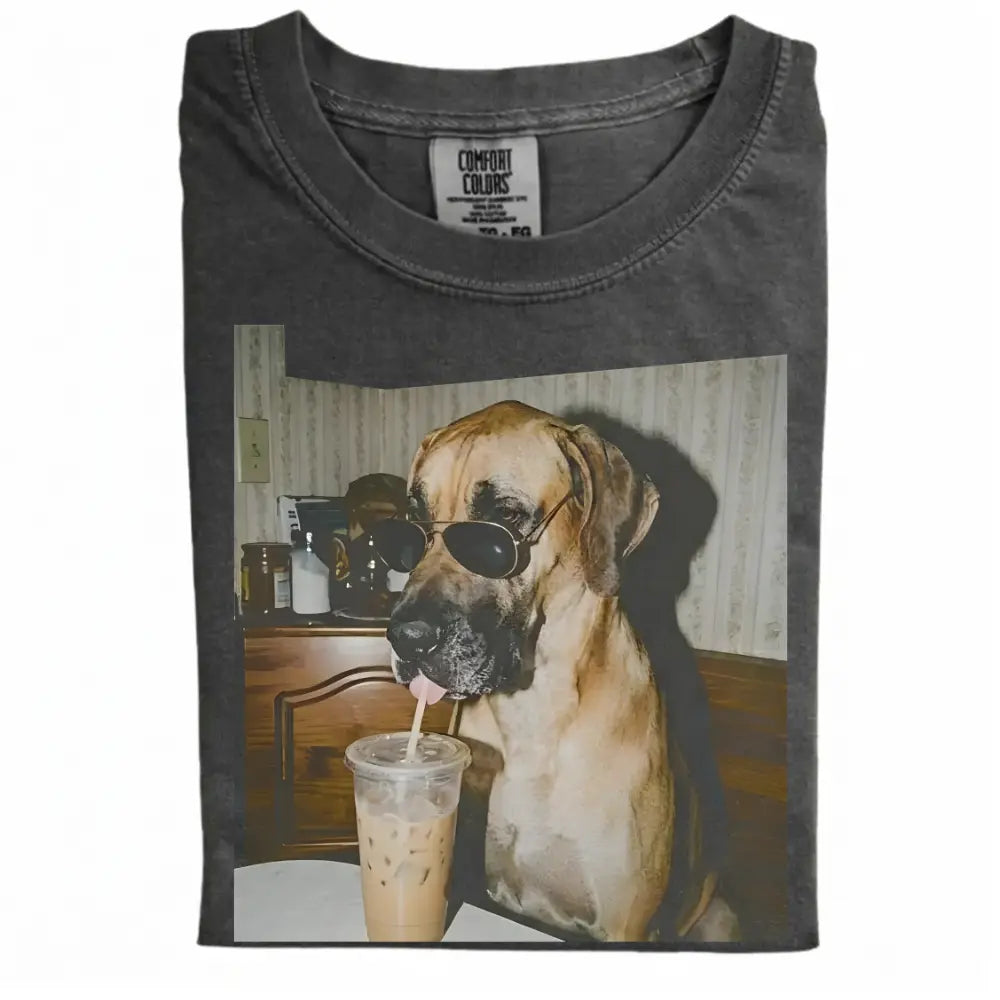 Comfort Colors® Custom Dog Breeds Drinking Iced Coffee T-Shirt – Vintage 90s Funny Edgy Dog Meme Tee, Aesthetic Coffee Lover Dog Mom Gift Shirt