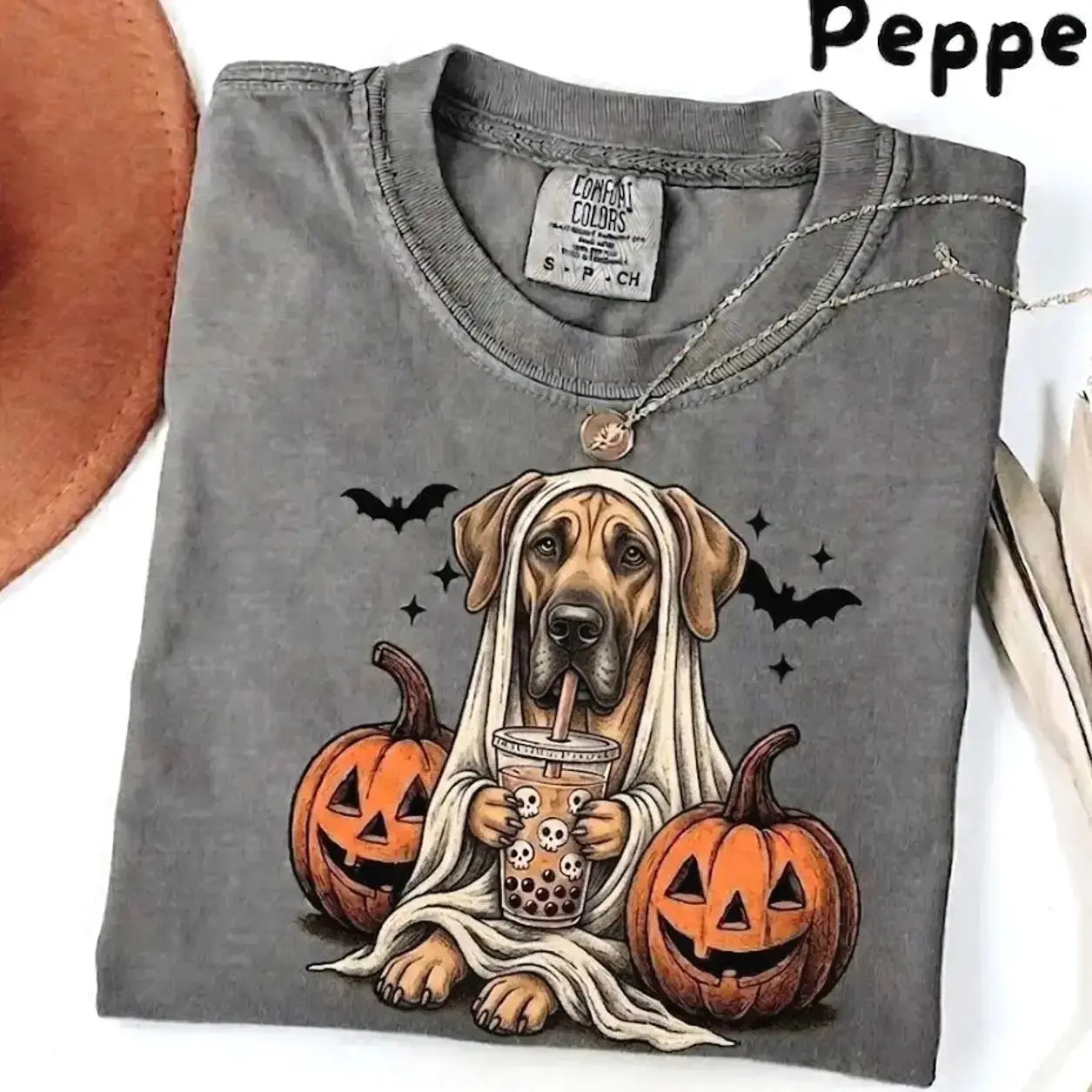 Comfort Colors® Pepper Dog Ghost & Boba Tea Halloween T-Shirt – Custom Dog Breeds Spooky Season Graphic Tee, Vintage Pet Lover Unisex Top