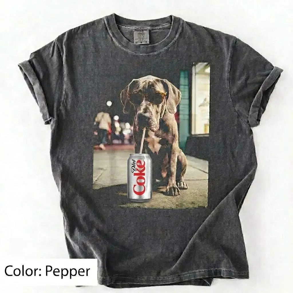 Comfort Colors® Dog Breeds Drinking Diet Coke T-Shirt – Funny Dog Dad Soda Lover Graphic Tee, Aesthetic Retro Puppy Animal Meme Shirt, Cute Pet Gift