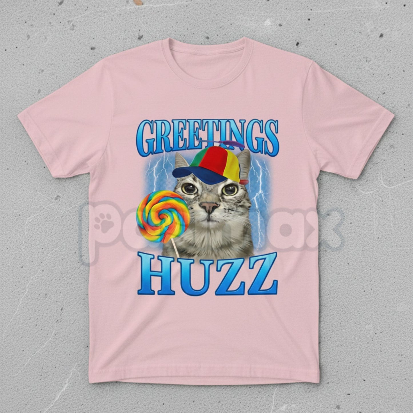 "Greetings Huzz" Lollipop Cat Meme T-Shirt - Funny Silly Brainrot Cat Tee, Viral Internet Humor Graphic Shirt, Ironic Gen Alpha Slang Fan Gift-Pasimax
