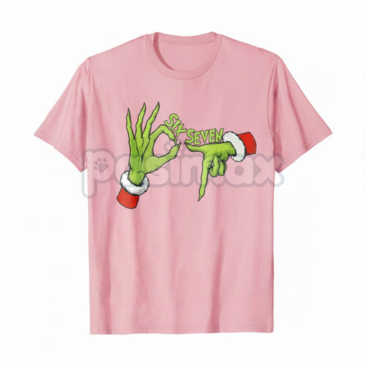 Grinch Hands "Six Seven" Christmas T-Shirt - Funny Gen Alpha Holiday Party Wear, Grinch Meme Slogan Tee, Ironic Festive Apparel-Pasimax