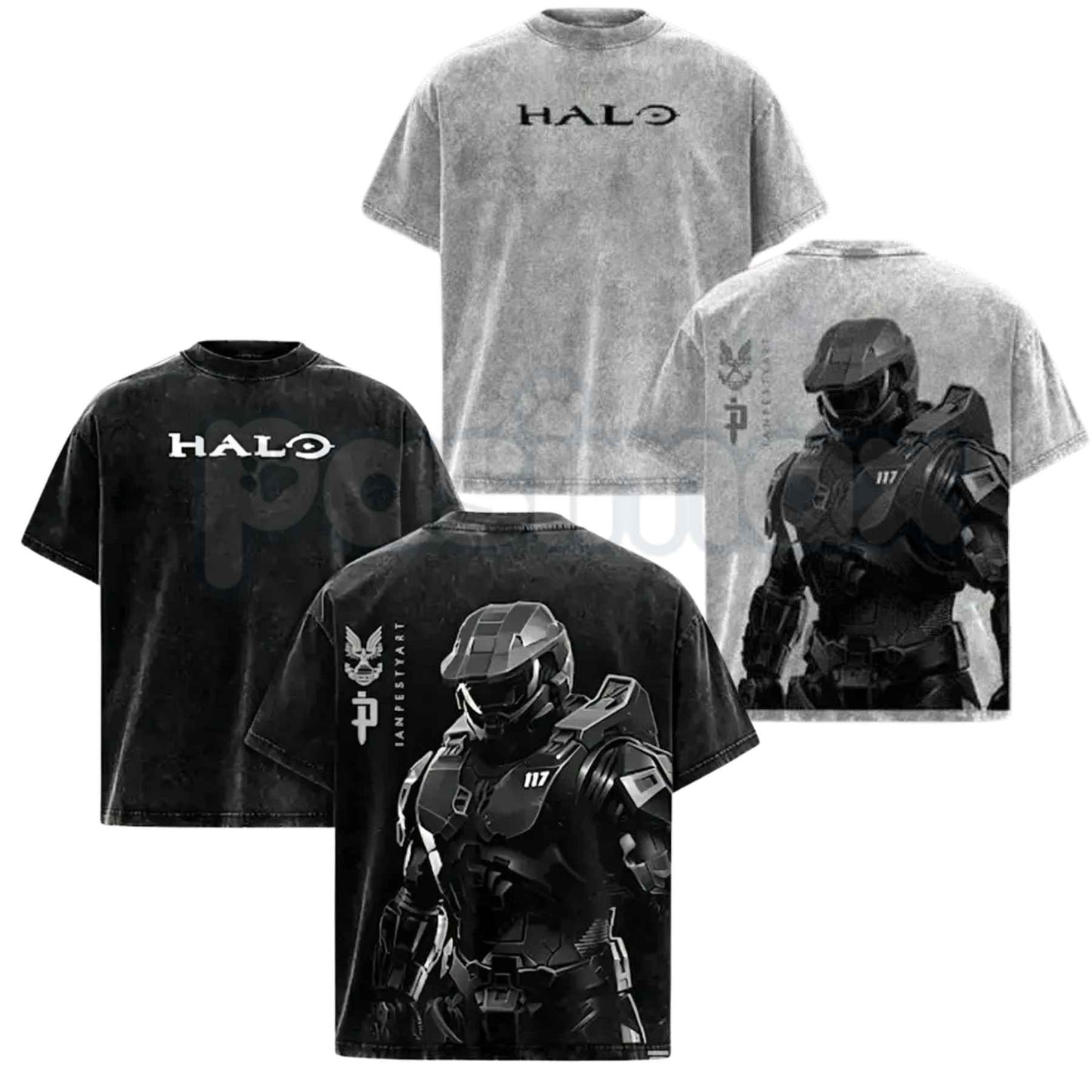 HALO Master Chief 117 T-Shirt – Retro Spartan Back Print Graphic Tee, Premium Acid Wash Oversized Lightweight Cotton Gaming Streetwear Top-Pasimax
