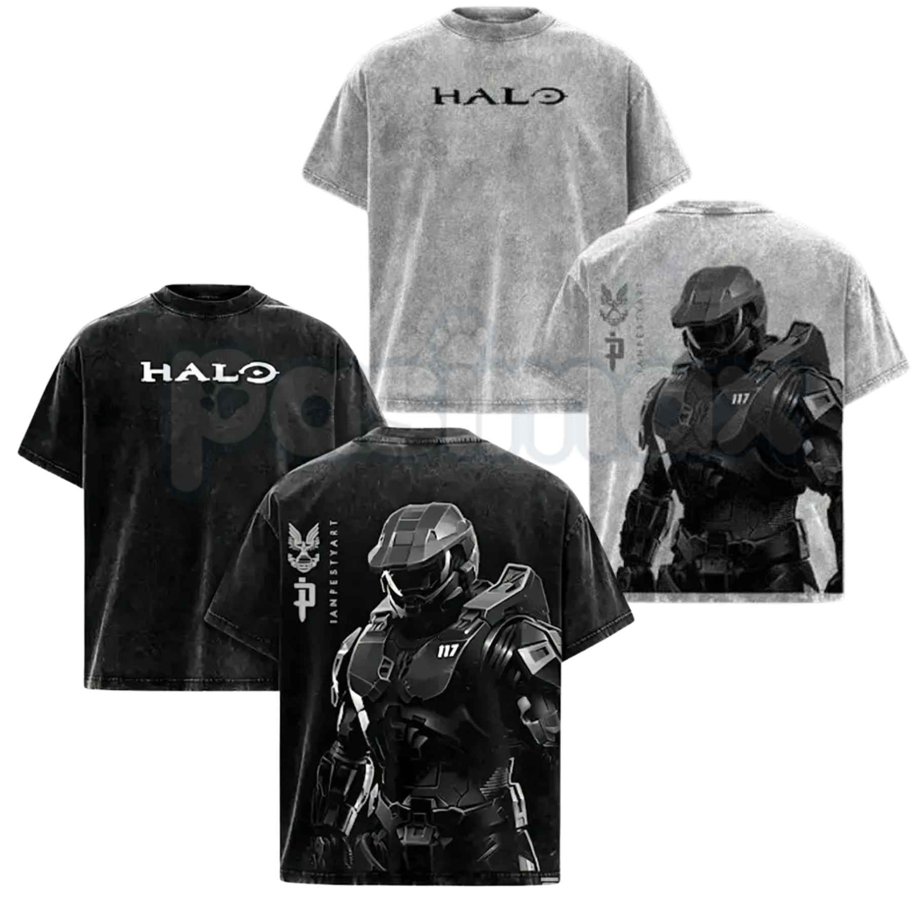 HALO Master Chief 117 T-Shirt – Retro Spartan Back Print Graphic Tee, Premium Acid Wash Oversized Lightweight Cotton Gaming Streetwear Top-Pasimax