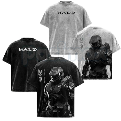 HALO Master Chief 117 T-Shirt – Retro Spartan Back Print Graphic Tee, Premium Acid Wash Oversized Lightweight Cotton Gaming Streetwear Top-Pasimax