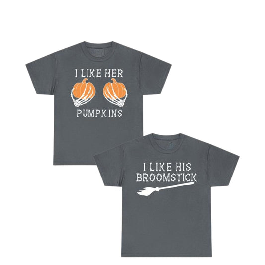 Halloween Couple T-Shirts – I Like Her Pumpkins / I Like His Broomstick-Pasimax