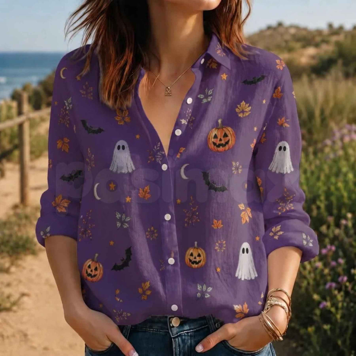 Halloween Ghost Pumpkin Fall Blouse – Spooky Long Sleeve Top, Cute Autumn Leaves Apparel & Fall Festival Outfit-Pasimax