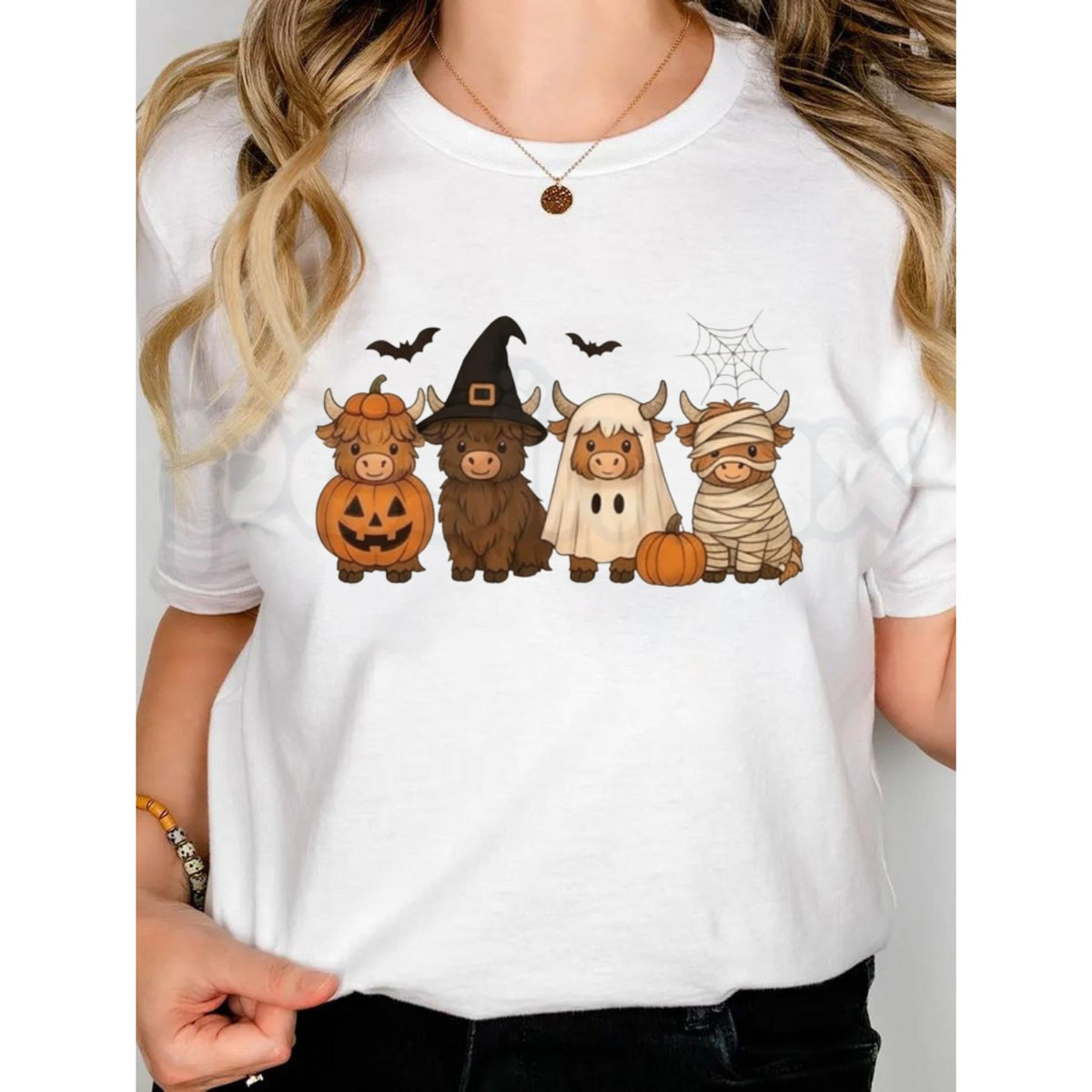 Halloween Highland Cows Graphic Tee – Cute Spooky Season Western Cattle T-Shirt-Pasimax
