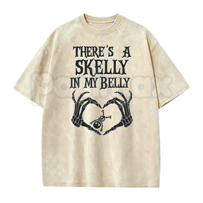 Halloween Pregnancy Shirt – Spooky Mama Announcement Tee, Retro Baby Skeleton Reveal Vintage Washed Lightweight Cotton Unisex T-Shirt-Pasimax